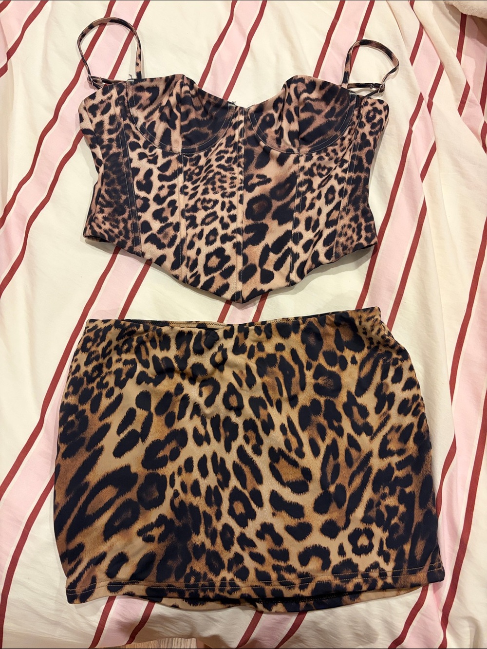 Leopard Print Corset Top and Mini Skirt Set - Brown